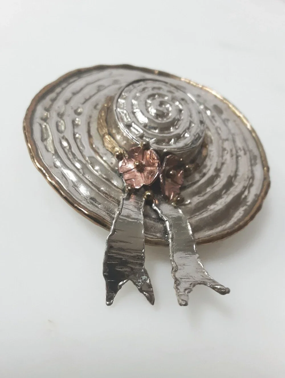3-D Mixed Metal Large Floral Straw Hat Brooch | Pendant - Vtg Mexico